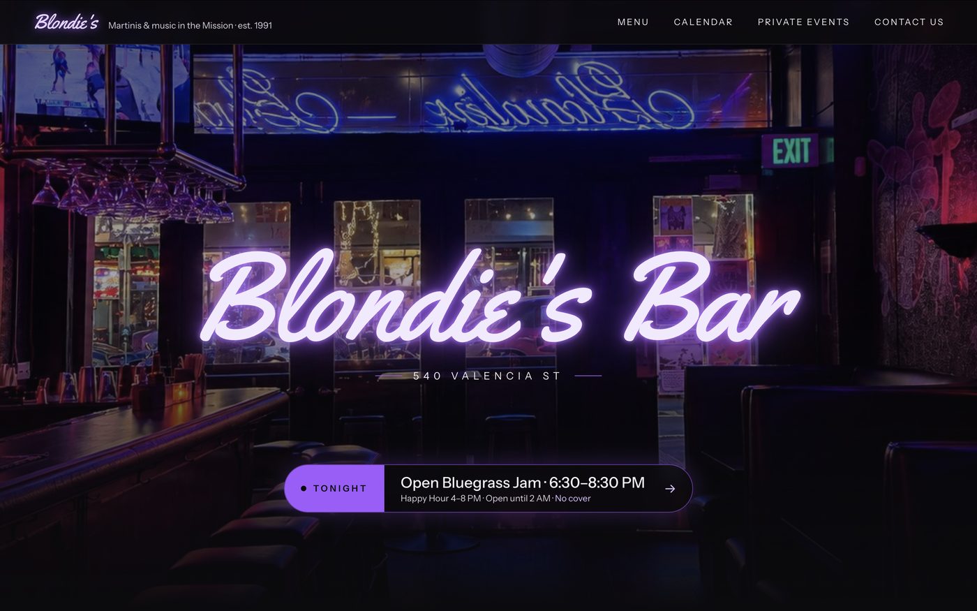 The Blondie's Bar website home page