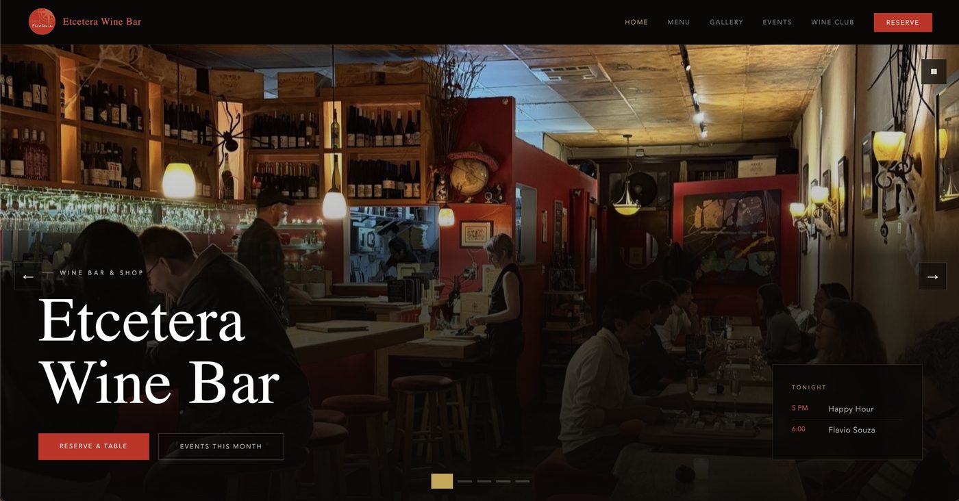 The Etcetera Wine Bar website home page